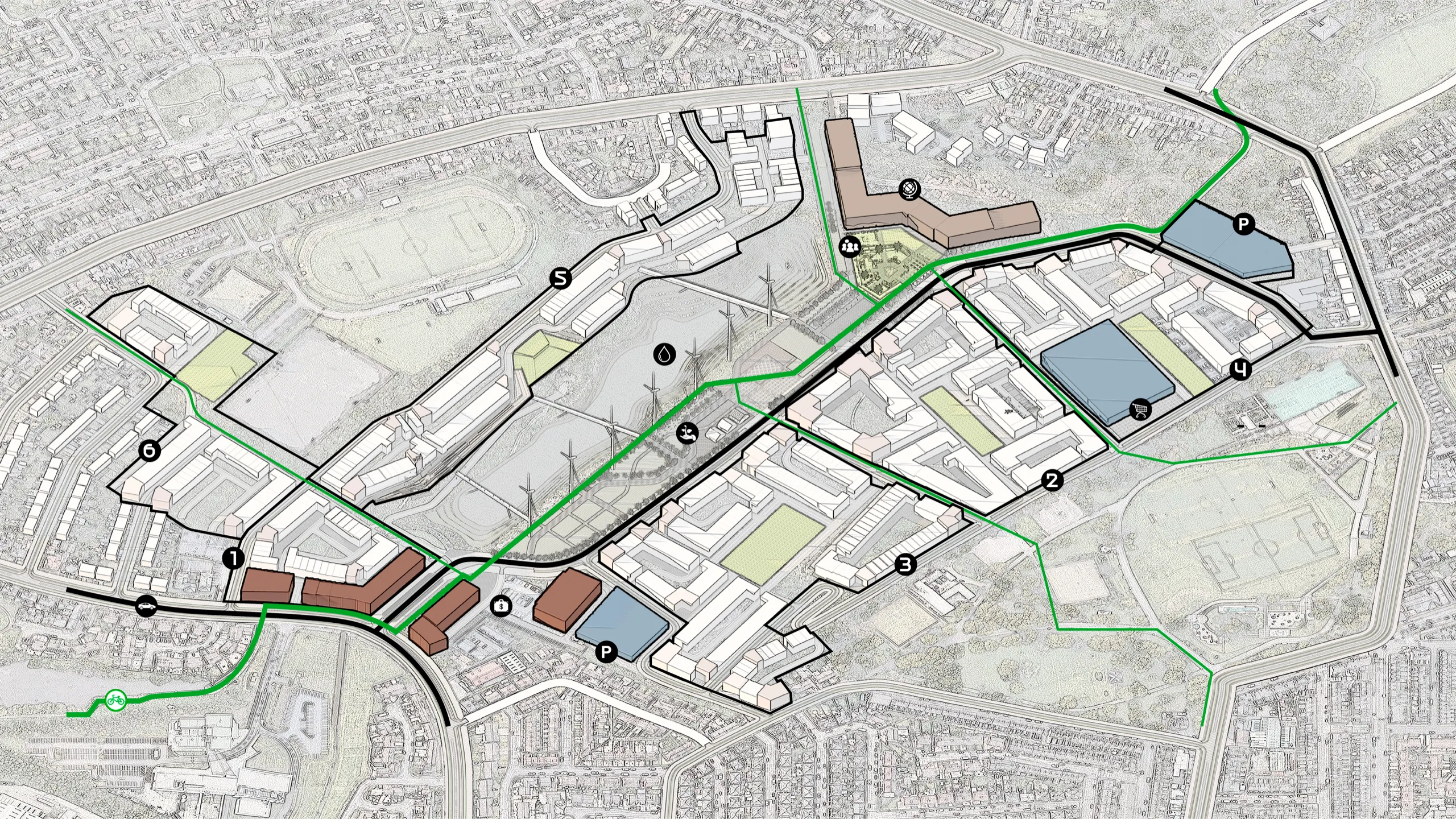 Masterplan of the neighbourhood with numbered nodes